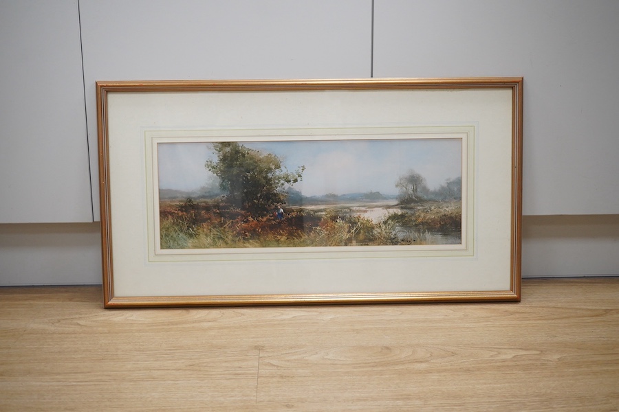 Sidney Hines, watercolour, Riverscape with figures, 18 x 53cm. Condition - good